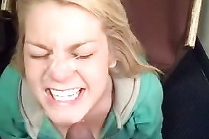 Good looking blond sucks my dark rod until she acquires a facial
