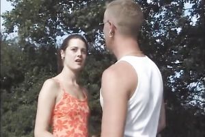 Lewd non-professional legal age teenager playgirl gives head to a stud in a forest