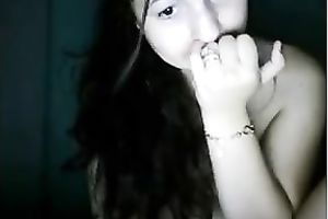 Chubby legal age teenager with large saggy scones shows her cookie and fingers it