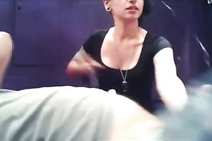 Tattooed hawt brunette hair whore slaps the tip of the jock