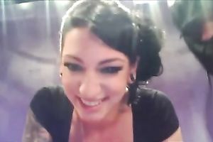 Tattooed hawt brunette hair whore slaps the tip of the jock