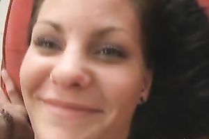 Depraved brunette hair wench receives her hairless snatch nailed in mish pose