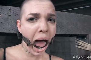 Bounded honey with no hair on her head is restrained by her dominant