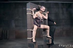 Bounded honey with no hair on her head is restrained by her dominant