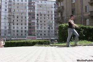 Short haired Russian wench makes her jeans moist with pee