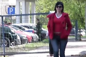 Tanya changes her clothing after pissing her jeans outdoors