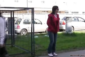 Tanya changes her clothing after pissing her jeans outdoors