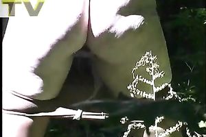 Juicy dilettante golden-haired amateur wife makes water in the woods outdoors