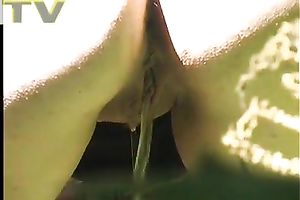 Juicy dilettante golden-haired amateur wife makes water in the woods outdoors