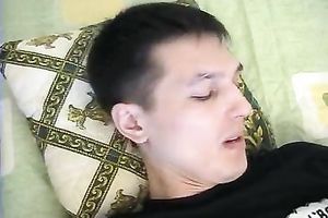 Cute sweetheart caresses him and sucks his 10-Pounder as this chab lies straight on ottoman