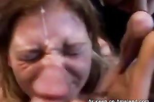 Three concupiscent legal age teenagers enjoy engulfing dick and spunk fountain shower