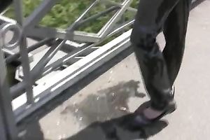 Redhead whore Alex pees in her panties on a bridge in make water fetish solo