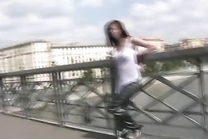 Redhead whore Alex pees in her panties on a bridge in make water fetish solo