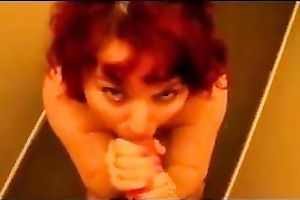 Redhead mama sucks my dong untill it explodes with ball batter on her titties