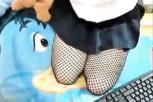 This young babe in fishnet nylons and college hawt shirt