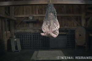 Slender blondie with pale skin bounded with net restrained by her mentor
