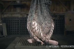 Slender blondie with pale skin bounded with net restrained by her mentor