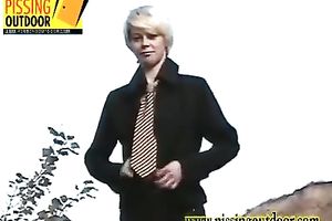 Skinny blondie with long legs acquires stripped to pee outdoors