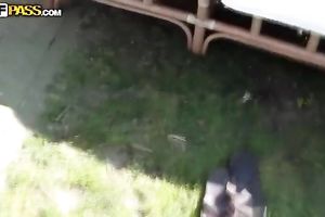 Sexy brunette acquires her coochie team-fucked unfathomable outdoors