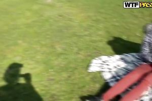 Sexy brunette acquires her coochie team-fucked unfathomable outdoors