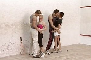 Hot foursome banging scene with a breasty golden-haired and a fleshly brunette hair