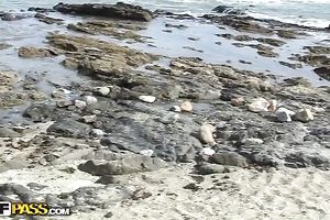 Sexy dark brown legal age teenager sucks her BF's knob on a beach in POV movie