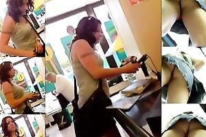 Hot brunette hair has no underclothing below her short petticoat