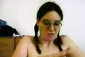 My nerdy breasty brunette hair strokes my large knob in POV