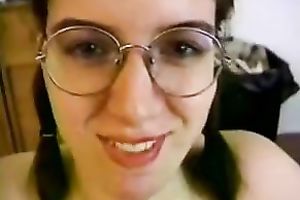 My nerdy breasty brunette hair strokes my large knob in POV