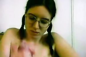 My nerdy breasty brunette hair strokes my large knob in POV