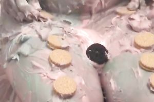 Amateur hussy with saggy meatballs smears her body with food in the kitchen