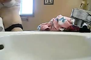 Homemade solo with my busty ex GF dressing up in the washroom