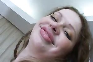 Naughty golden-haired pippin with corpulent lips shows a striptease