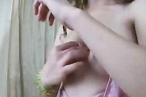 Naughty golden-haired pippin with corpulent lips shows a striptease