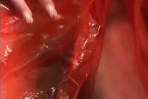 Playful legal age teenager honey blows large schlong wrapped in plastic