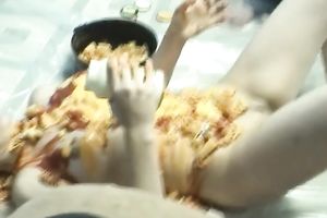 Food fetish homemade solo with a woman putting pasta on her body