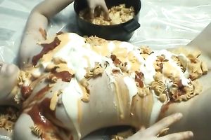Food fetish homemade solo with a woman putting pasta on her body