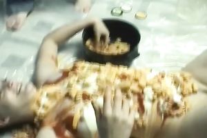 Food fetish homemade solo with a woman putting pasta on her body