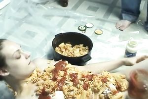 Food fetish homemade solo with a woman putting pasta on her body