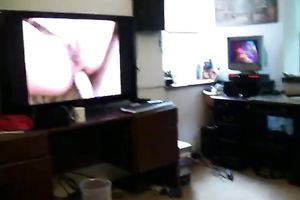 Vile blonde whore in fishnet hose is masturbating with large sextoy