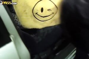 Lewd dark brown acquires her snatch screwed from behind in a car