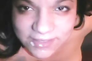 Slutty dark brown girlfriend acquires a think and creamy load of facial cum