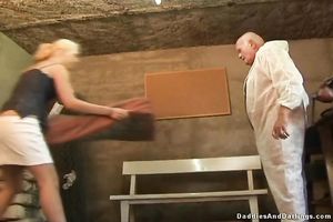Karina gives head to an old fellow and lets him smash her love tunnel