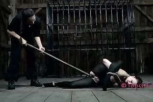 Horny female-dominant copulates her slave's pierced wet crack with a pole