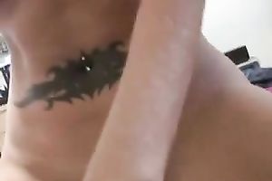 Tattooed blondie with tiny mangos rides hard dick with excitement