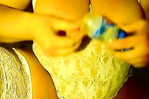 Russian mommy massages her large bazookas and toys her bald cookie