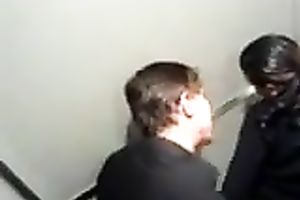 Spied on a slutty pair in the public WC fucking