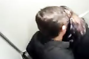 Spied on a slutty pair in the public WC fucking