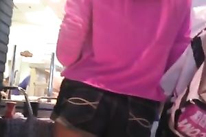 Hot tiny white brunette hair hotwife in public wearing hawt jeans shorts