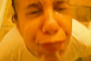 She closes her eyes and frowns when I semen all over her face